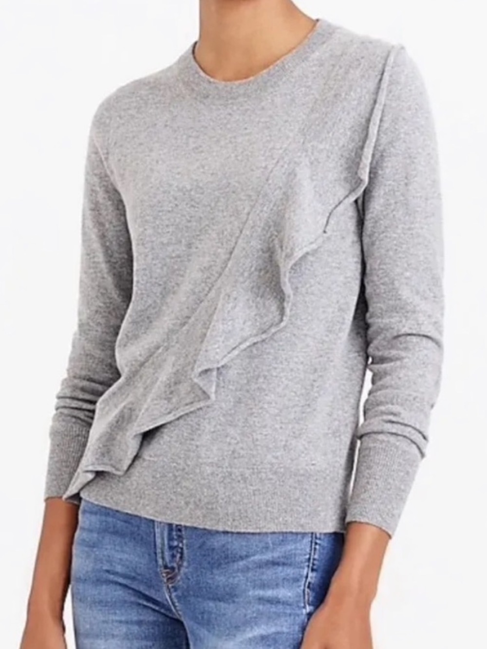 J Crew Mercantile Ruffle Front Crew Neck Sweater Gray Size M